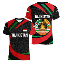 Tajikistan National Emblem Women V-Neck T-Shirt with Black Red Green Tribal Pattern