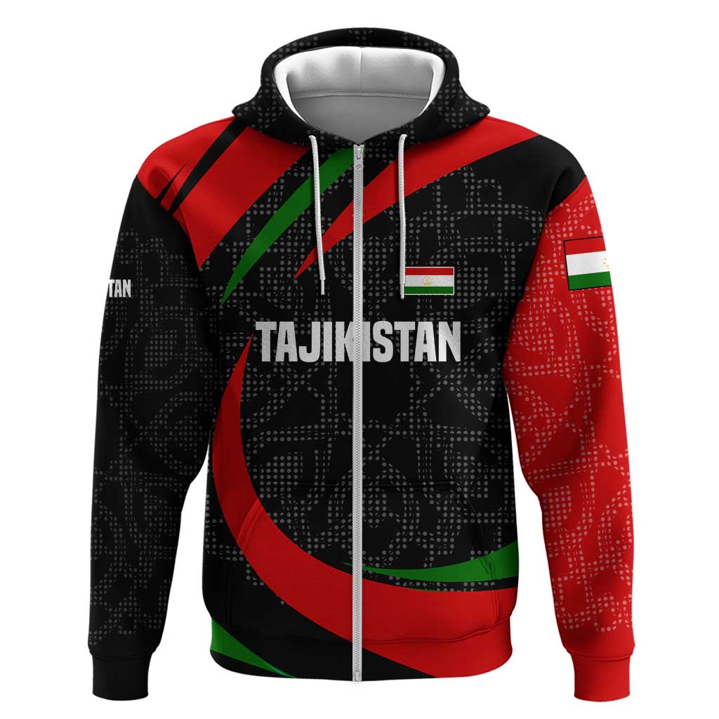 Tajikistan National Emblem Zip Hoodie with Black Red Green Tribal Pattern