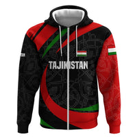 Tajikistan National Emblem Zip Hoodie with Black Red Green Tribal Pattern