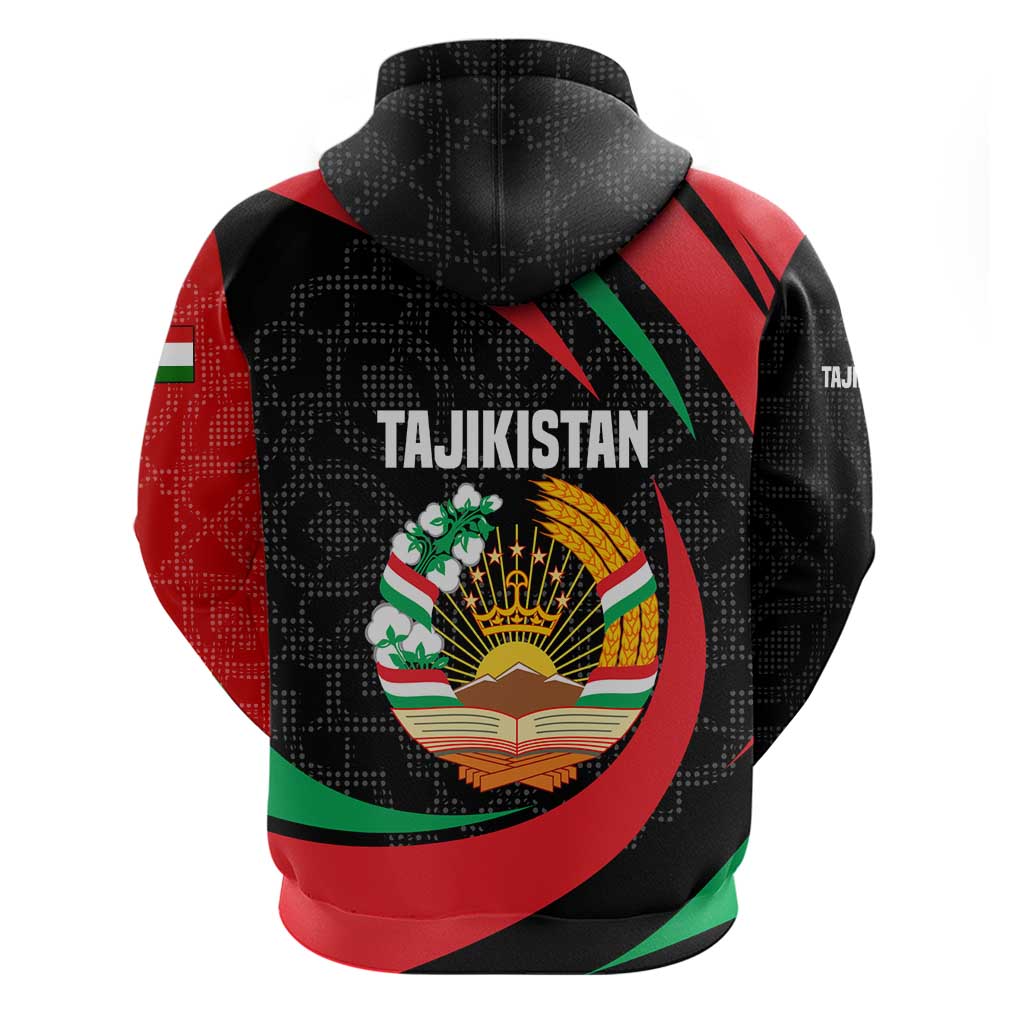 Tajikistan National Emblem Zip Hoodie with Black Red Green Tribal Pattern