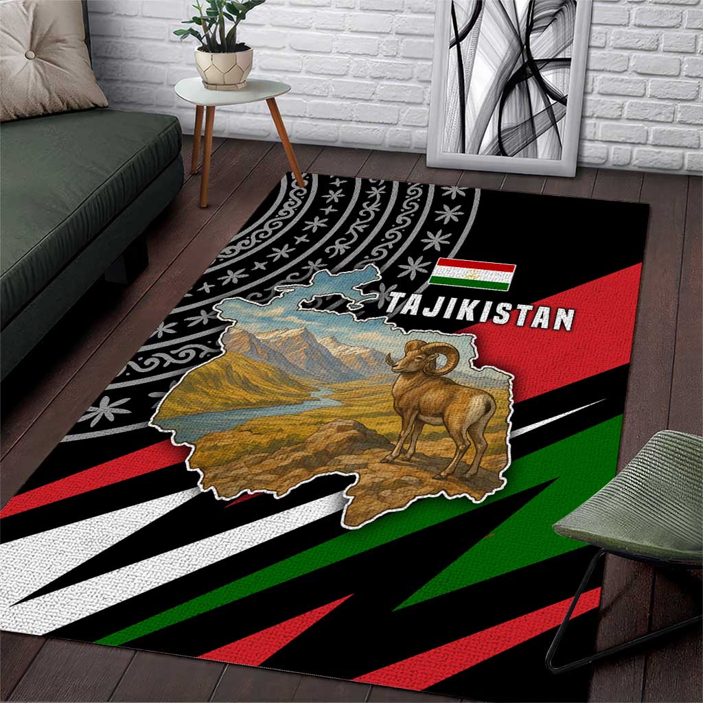 Tajikistan Marco Polo Sheep Area Rug with Black Red Green Tribal Flag Pattern