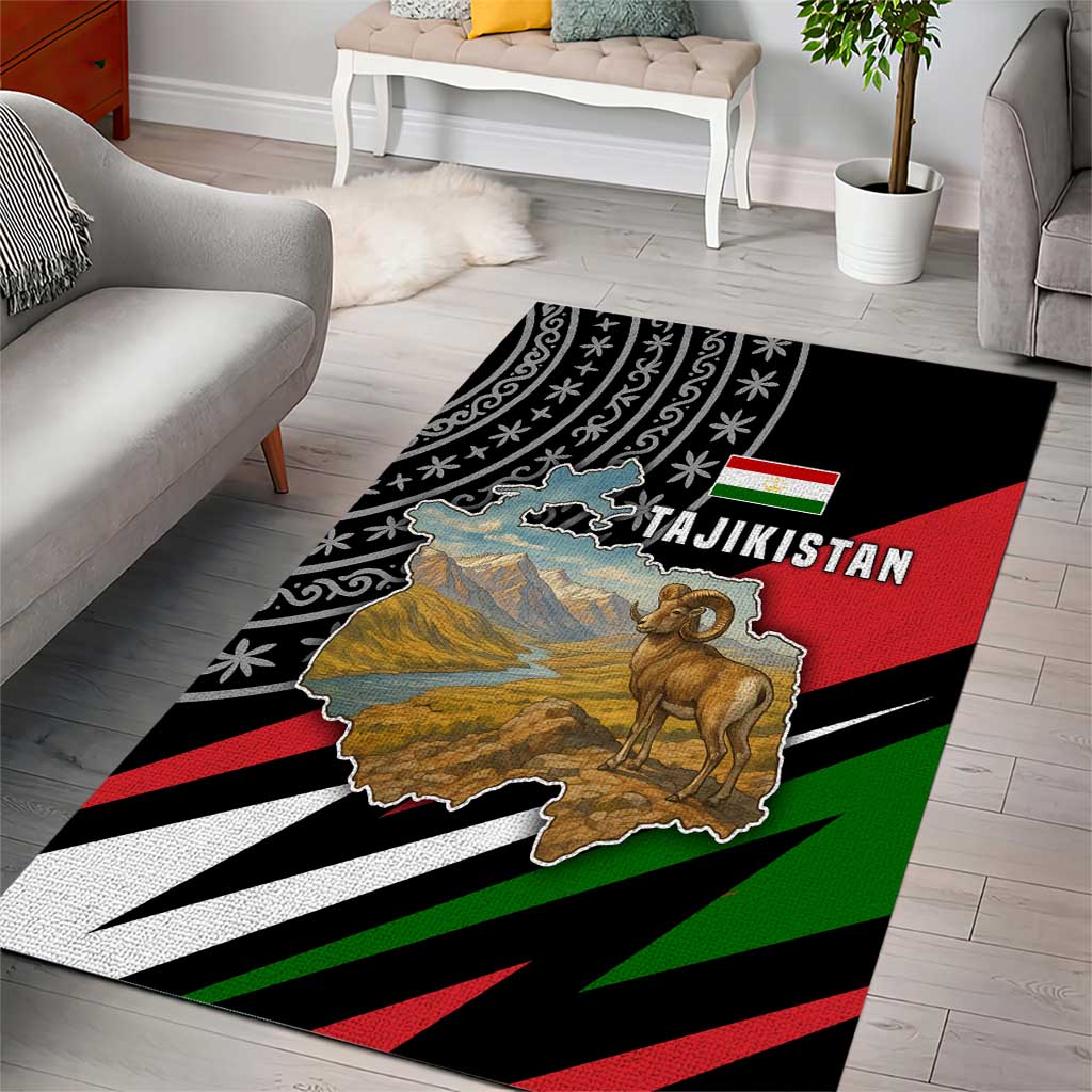 Tajikistan Marco Polo Sheep Area Rug with Black Red Green Tribal Flag Pattern