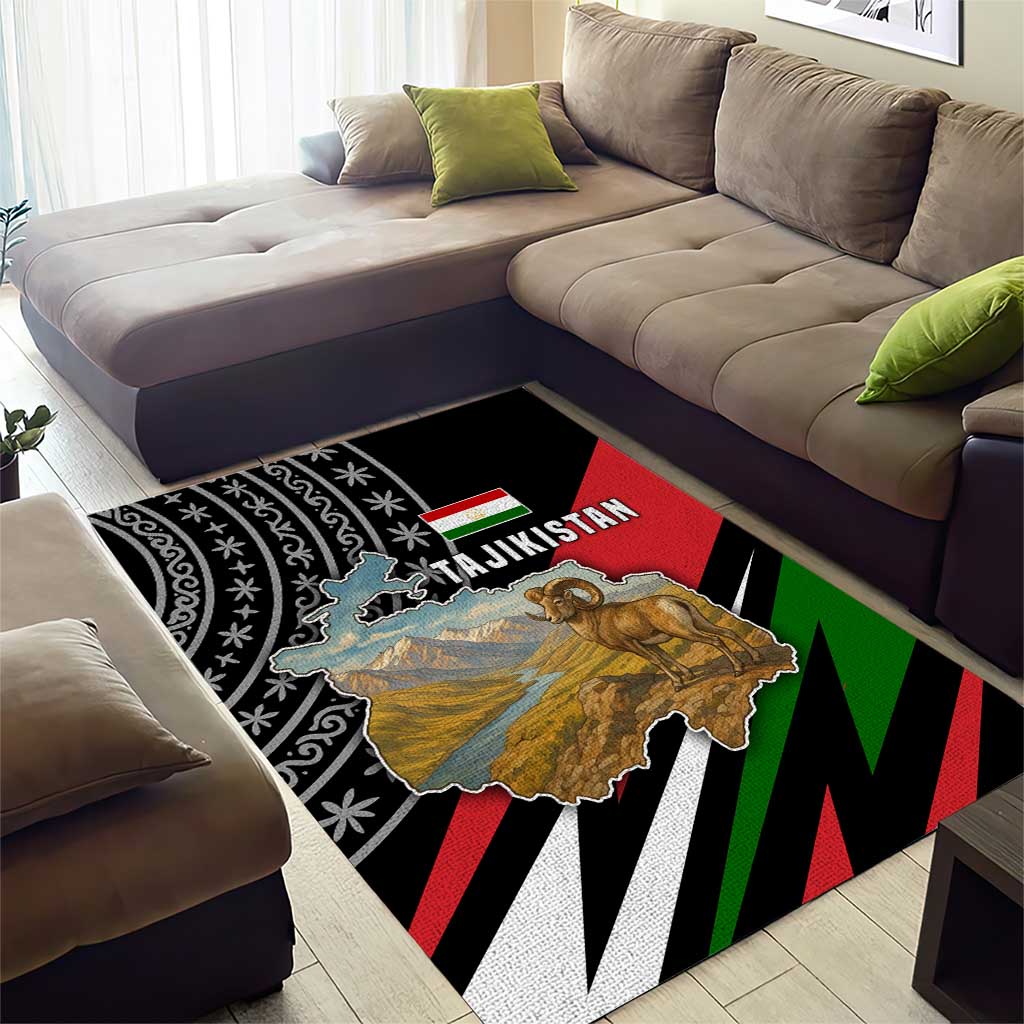 Tajikistan Marco Polo Sheep Area Rug with Black Red Green Tribal Flag Pattern