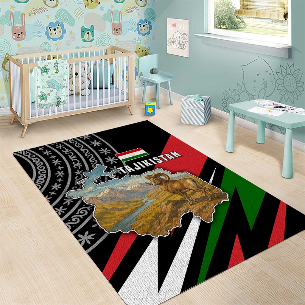 Tajikistan Marco Polo Sheep Area Rug with Black Red Green Tribal Flag Pattern