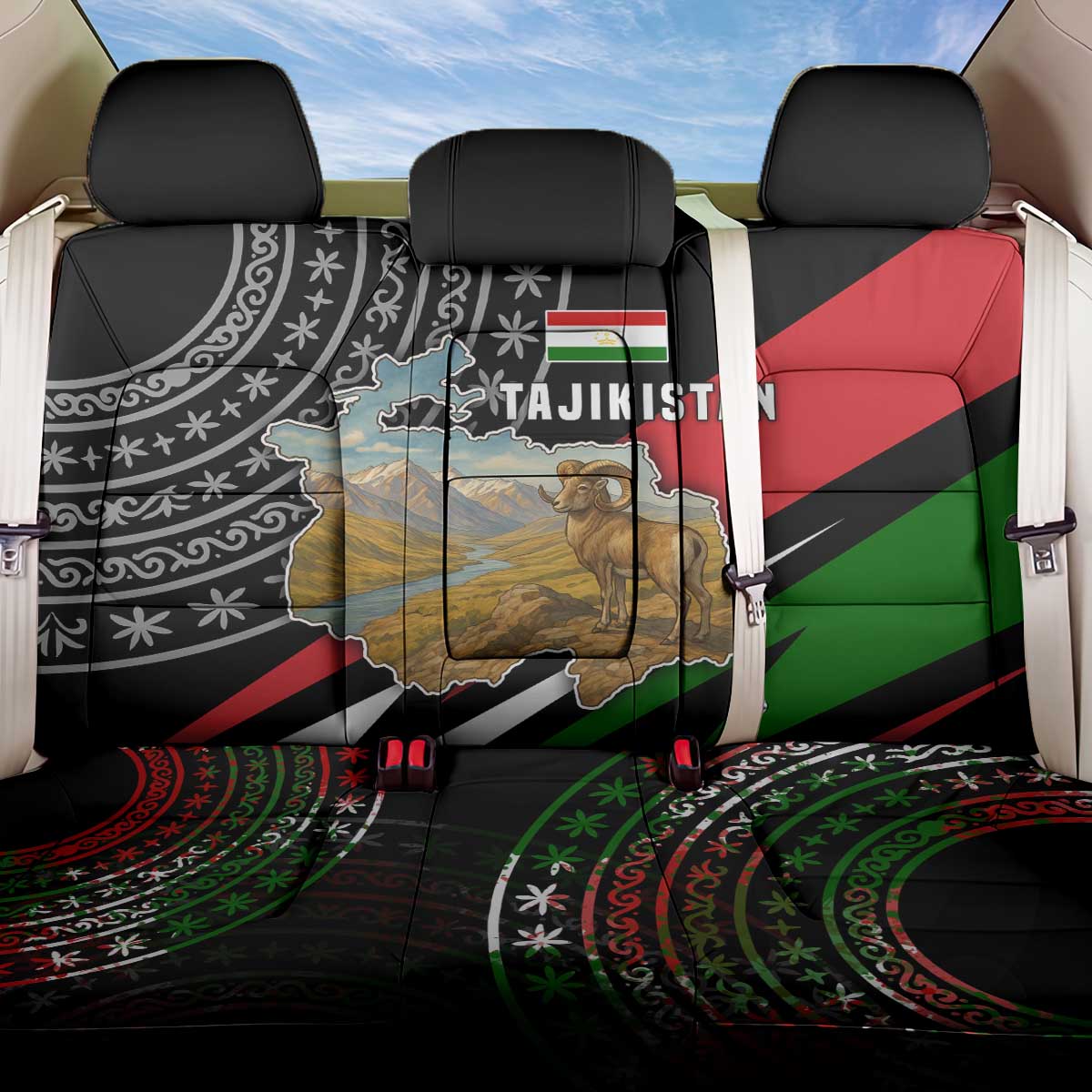 Tajikistan Marco Polo Sheep Back Car Seat Cover with Black Red Green Tribal Flag Pattern