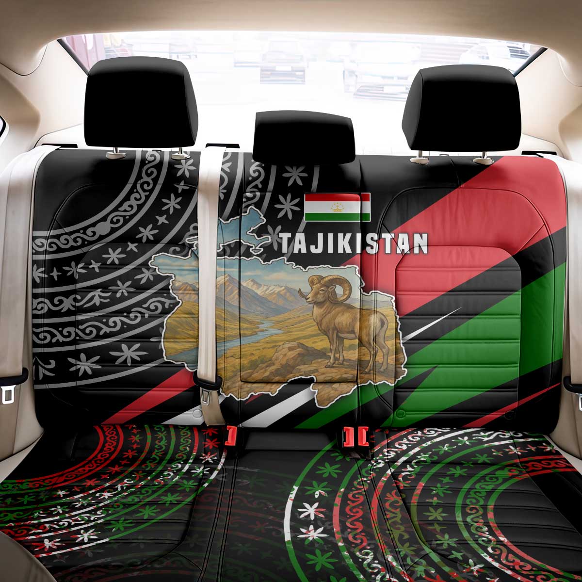 Tajikistan Marco Polo Sheep Back Car Seat Cover with Black Red Green Tribal Flag Pattern