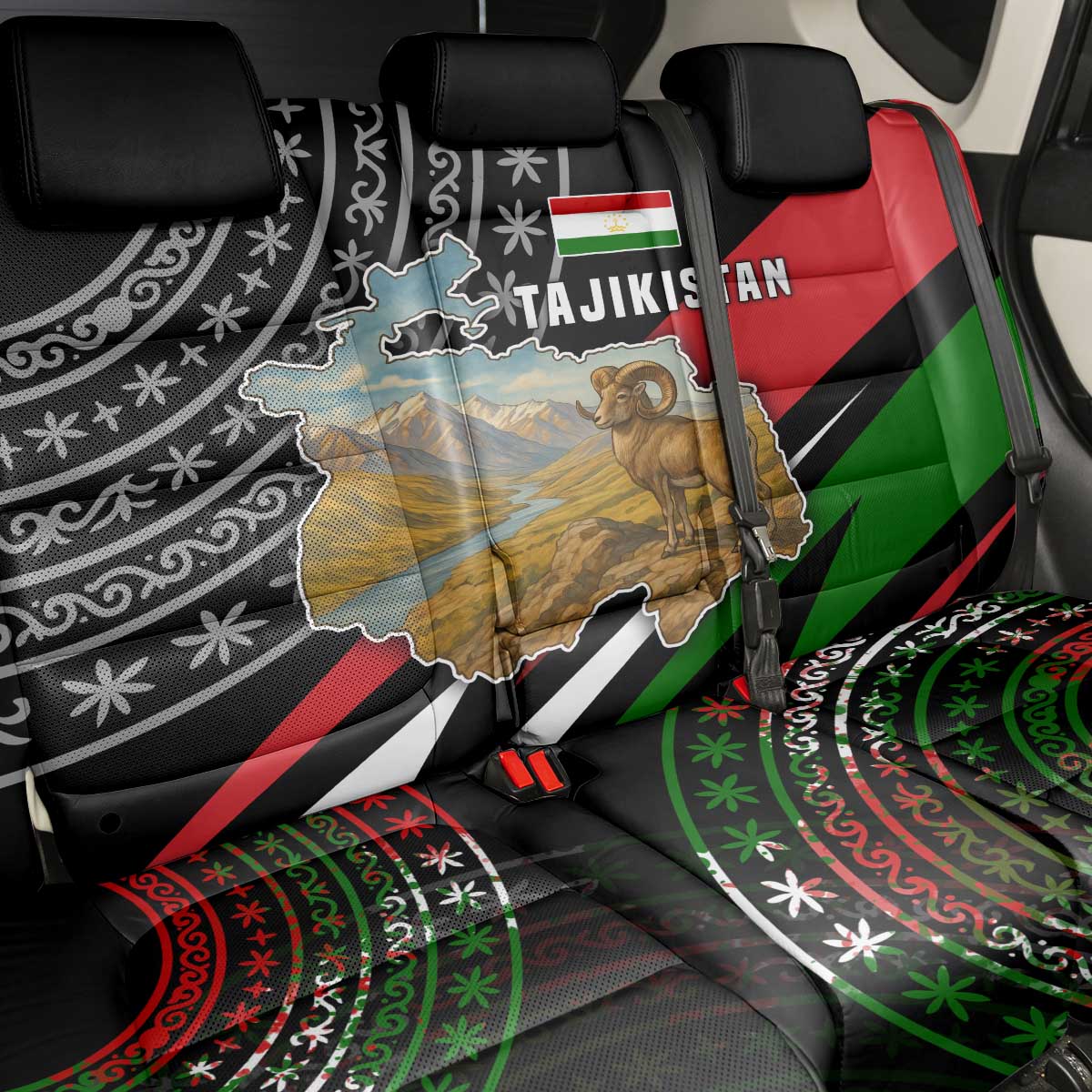 Tajikistan Marco Polo Sheep Back Car Seat Cover with Black Red Green Tribal Flag Pattern