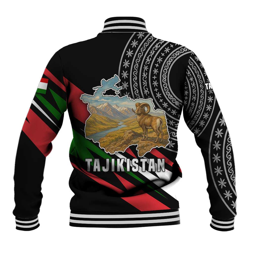 Tajikistan Marco Polo Sheep Baseball Jacket with Black Red Green Tribal Flag Pattern