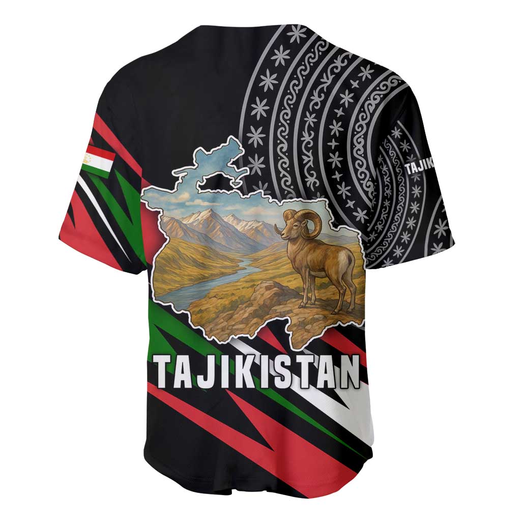 Tajikistan Marco Polo Sheep Baseball Jersey with Black Red Green Tribal Flag Pattern