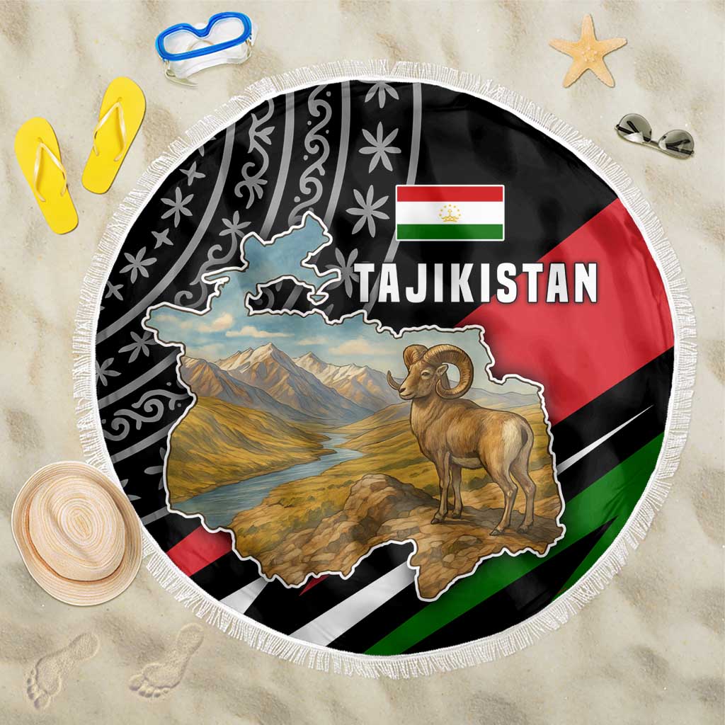 Tajikistan Marco Polo Sheep Beach Blanket with Black Red Green Tribal Flag Pattern