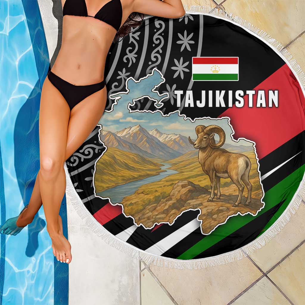 Tajikistan Marco Polo Sheep Beach Blanket with Black Red Green Tribal Flag Pattern