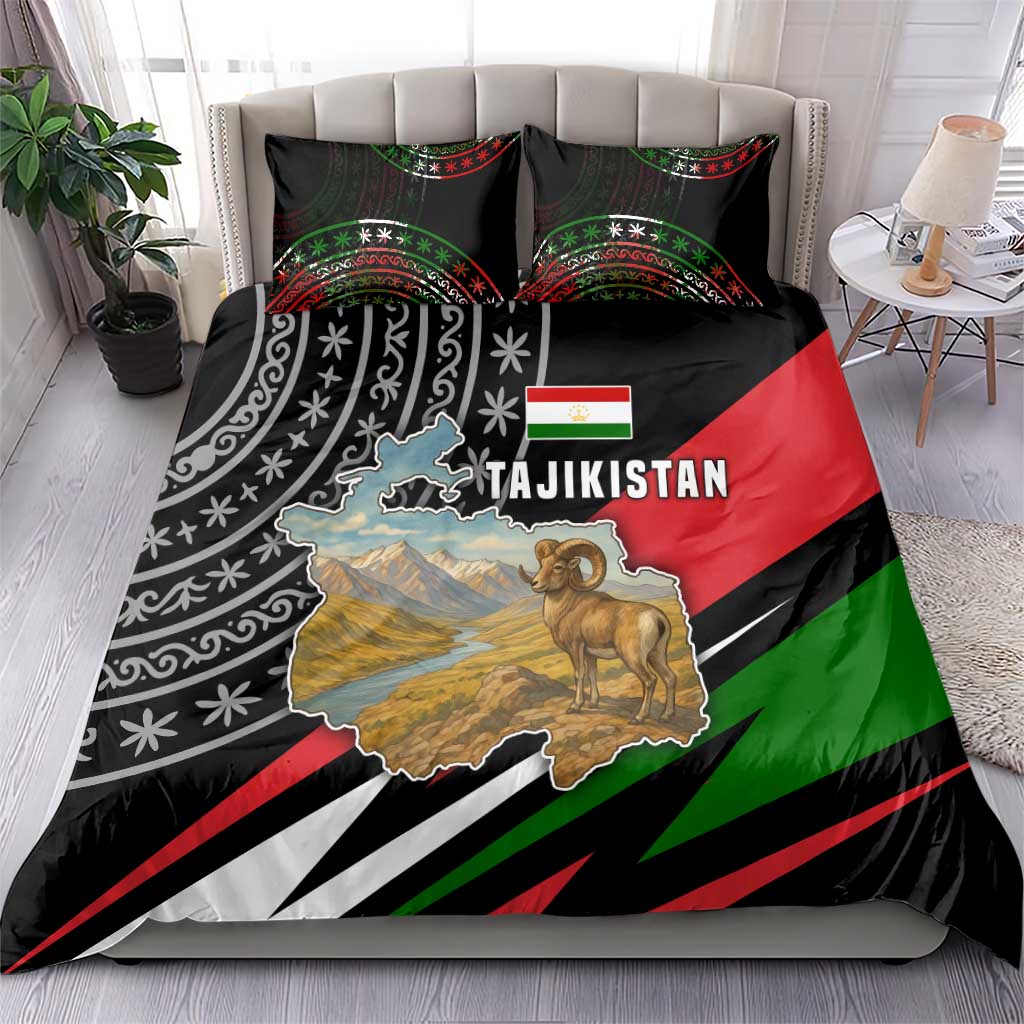 Tajikistan Marco Polo Sheep Bedding Set with Black Red Green Tribal Flag Pattern