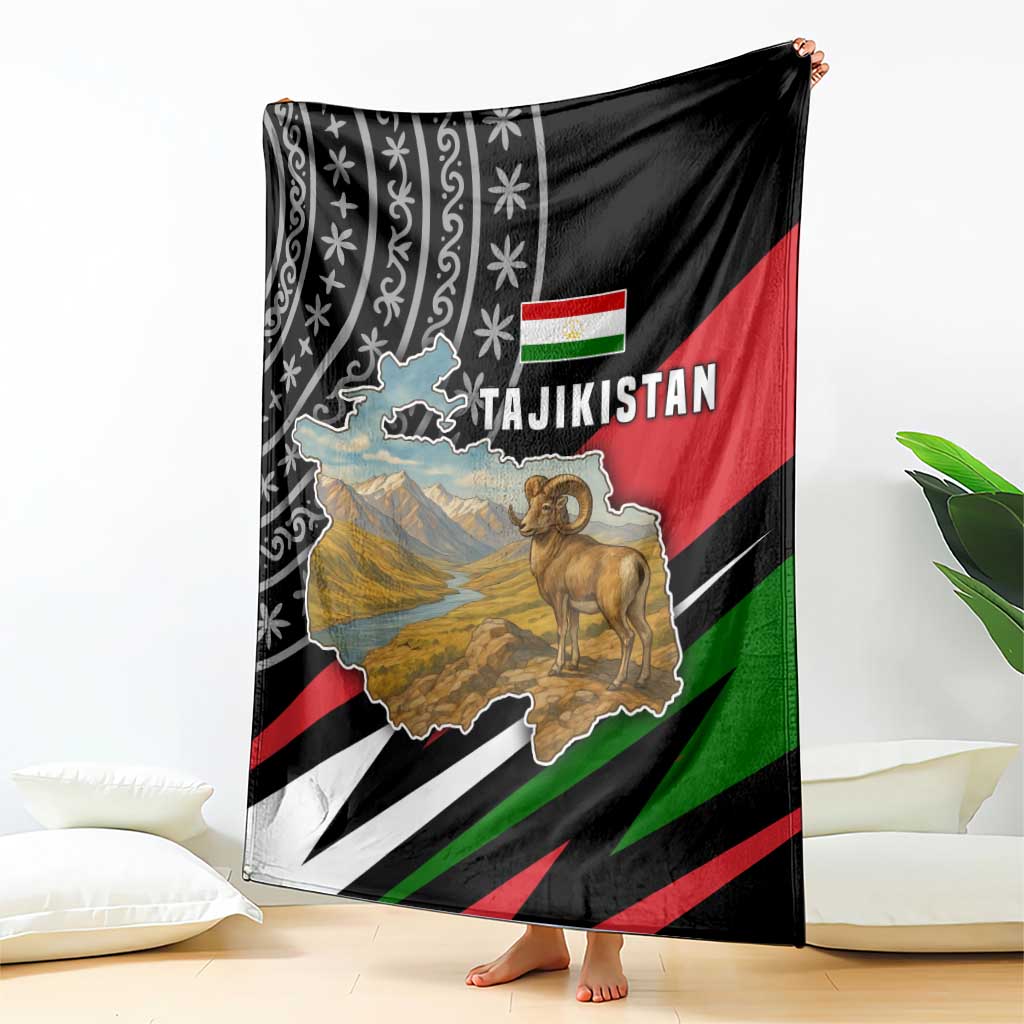 Tajikistan Marco Polo Sheep Blanket with Black Red Green Tribal Flag Pattern
