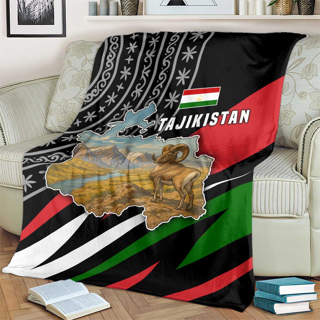Tajikistan Marco Polo Sheep Blanket with Black Red Green Tribal Flag Pattern