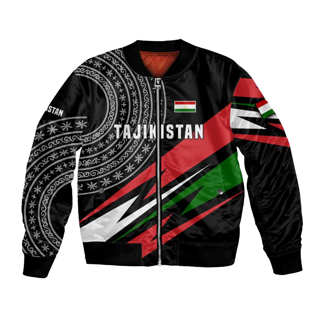 Tajikistan Marco Polo Sheep Bomber Jacket with Black Red Green Tribal Flag Pattern
