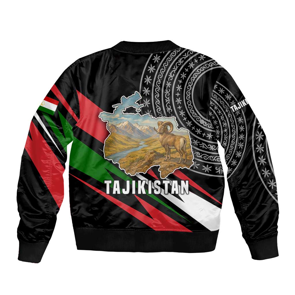 Tajikistan Marco Polo Sheep Bomber Jacket with Black Red Green Tribal Flag Pattern