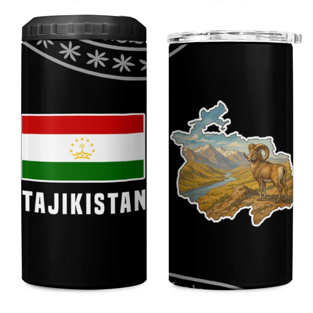 Tajikistan Marco Polo Sheep 4 in 1 Can Cooler Tumbler with Black Red Green Tribal Flag Pattern