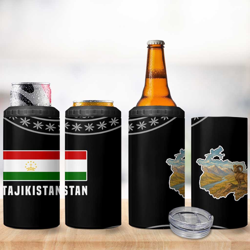 Tajikistan Marco Polo Sheep 4 in 1 Can Cooler Tumbler with Black Red Green Tribal Flag Pattern
