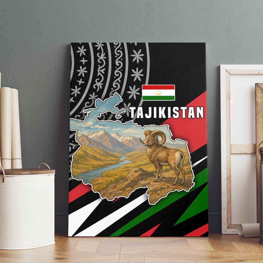 Tajikistan Marco Polo Sheep Canvas Wall Art with Black Red Green Tribal Flag Pattern