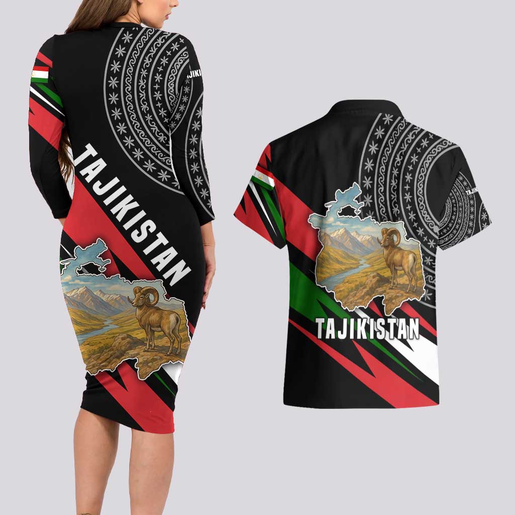 Tajikistan Marco Polo Sheep Couples Matching Long Sleeve Bodycon Dress and Hawaiian Shirt with Black Red Green Tribal Flag Pattern