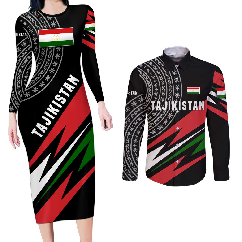 Tajikistan Marco Polo Sheep Couples Matching Long Sleeve Bodycon Dress and Long Sleeve Button Shirt with Black Red Green Tribal Flag Pattern