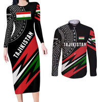 Tajikistan Marco Polo Sheep Couples Matching Long Sleeve Bodycon Dress and Long Sleeve Button Shirt with Black Red Green Tribal Flag Pattern