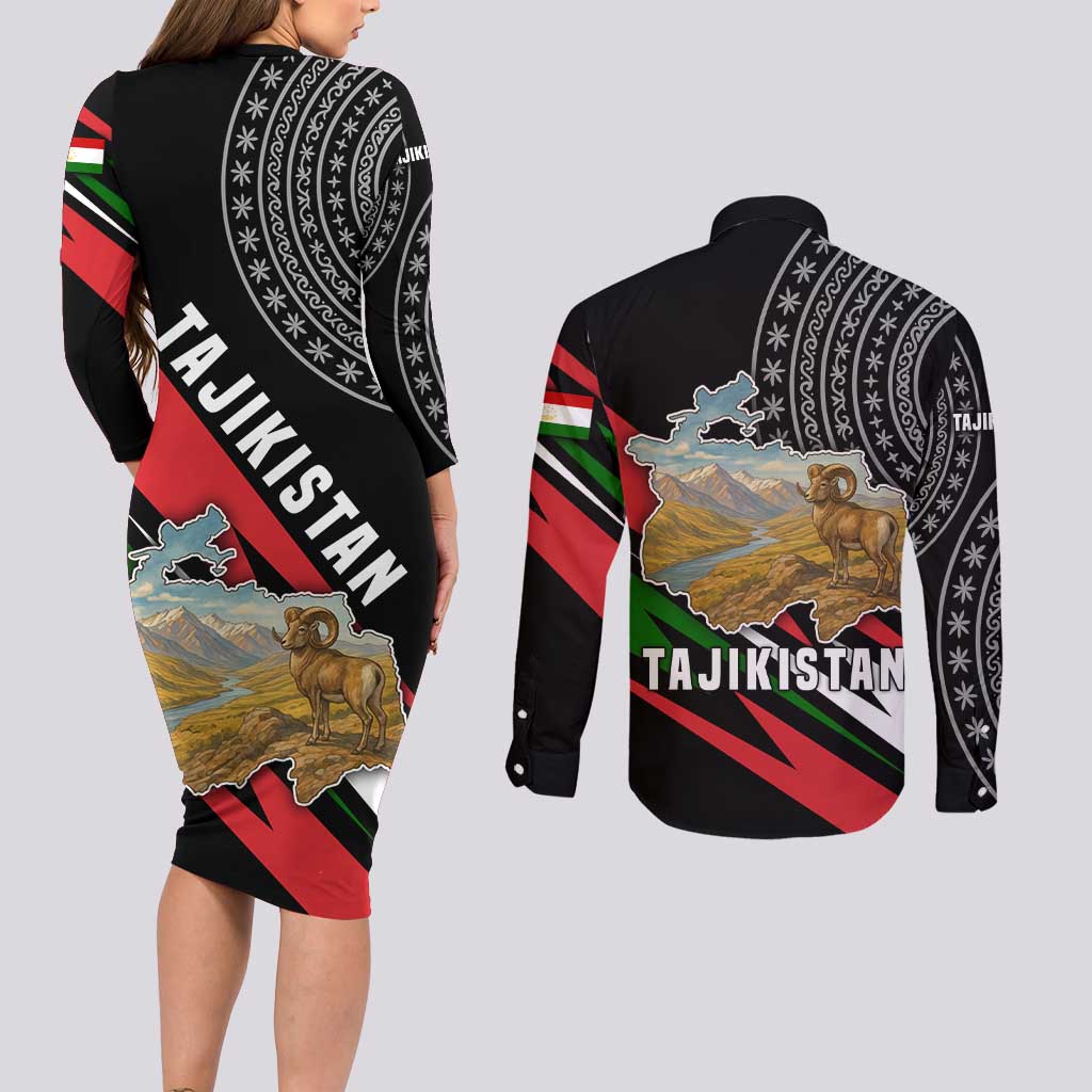 Tajikistan Marco Polo Sheep Couples Matching Long Sleeve Bodycon Dress and Long Sleeve Button Shirt with Black Red Green Tribal Flag Pattern