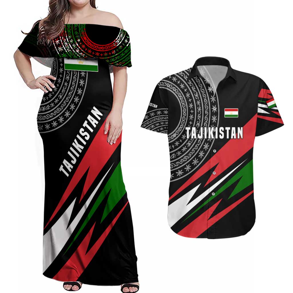 Tajikistan Marco Polo Sheep Couples Matching Off Shoulder Maxi Dress and Hawaiian Shirt with Black Red Green Tribal Flag Pattern