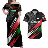Tajikistan Marco Polo Sheep Couples Matching Off Shoulder Maxi Dress and Hawaiian Shirt with Black Red Green Tribal Flag Pattern
