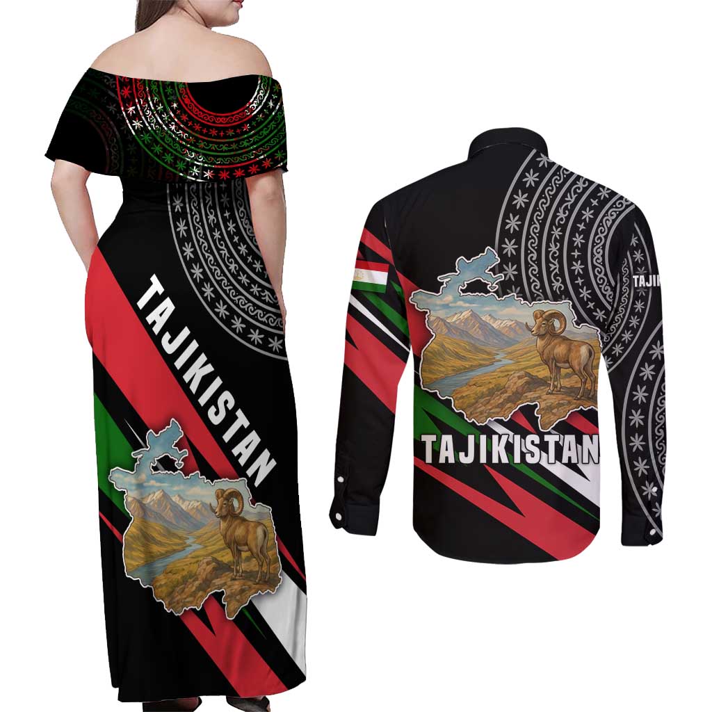 Tajikistan Marco Polo Sheep Couples Matching Off Shoulder Maxi Dress and Long Sleeve Button Shirt with Black Red Green Tribal Flag Pattern