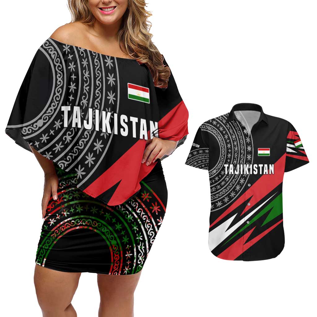 Tajikistan Marco Polo Sheep Couples Matching Off Shoulder Short Dress and Hawaiian Shirt with Black Red Green Tribal Flag Pattern