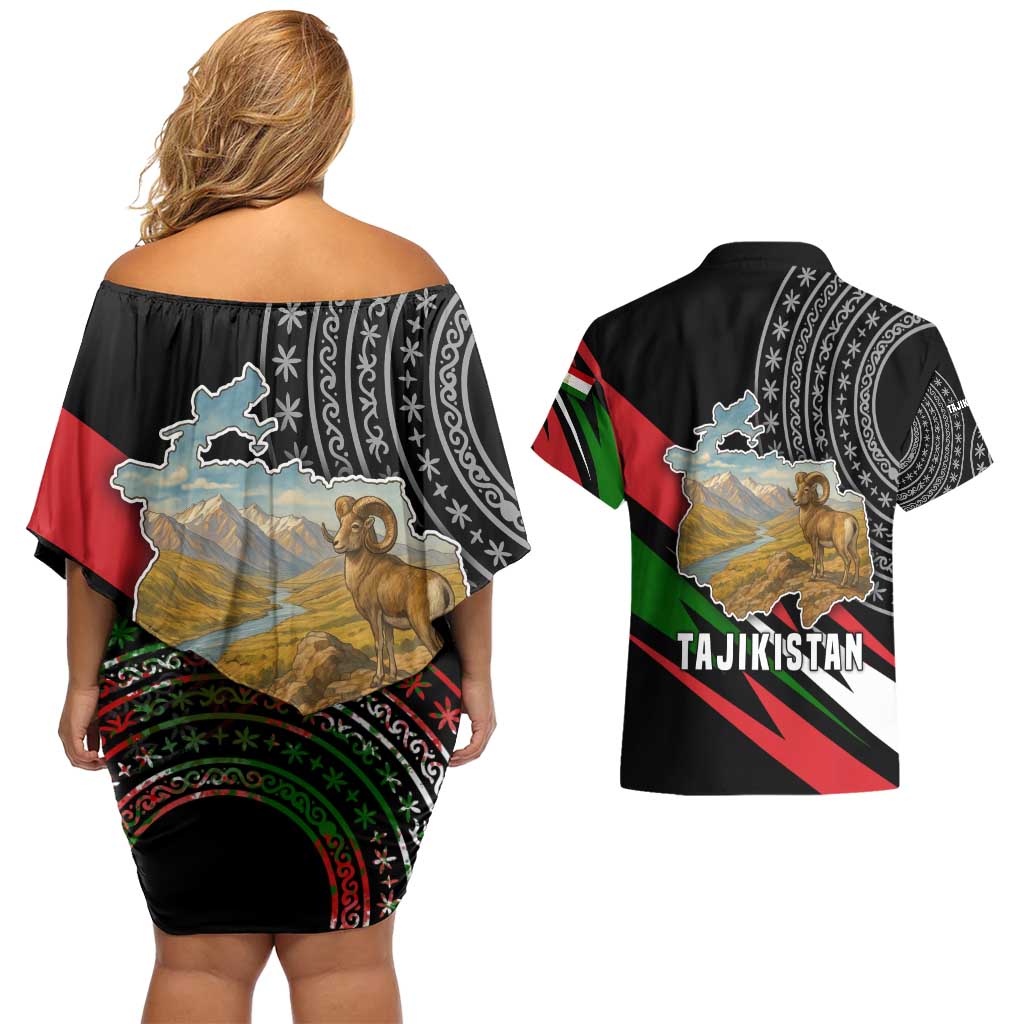 Tajikistan Marco Polo Sheep Couples Matching Off Shoulder Short Dress and Hawaiian Shirt with Black Red Green Tribal Flag Pattern