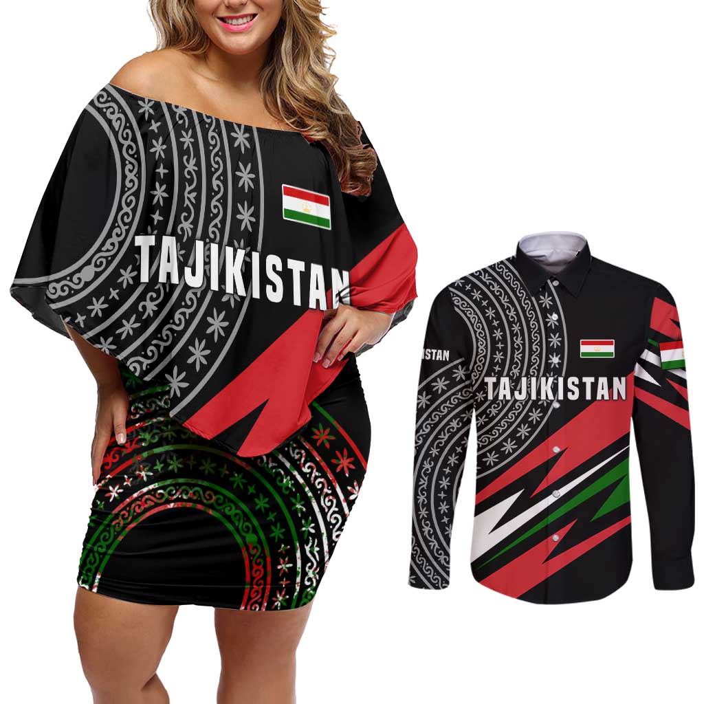 Tajikistan Marco Polo Sheep Couples Matching Off Shoulder Short Dress and Long Sleeve Button Shirt with Black Red Green Tribal Flag Pattern