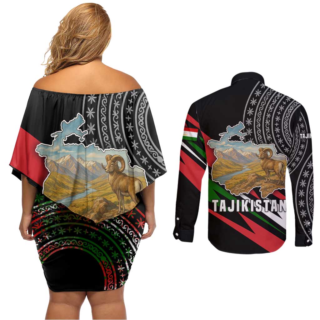 Tajikistan Marco Polo Sheep Couples Matching Off Shoulder Short Dress and Long Sleeve Button Shirt with Black Red Green Tribal Flag Pattern