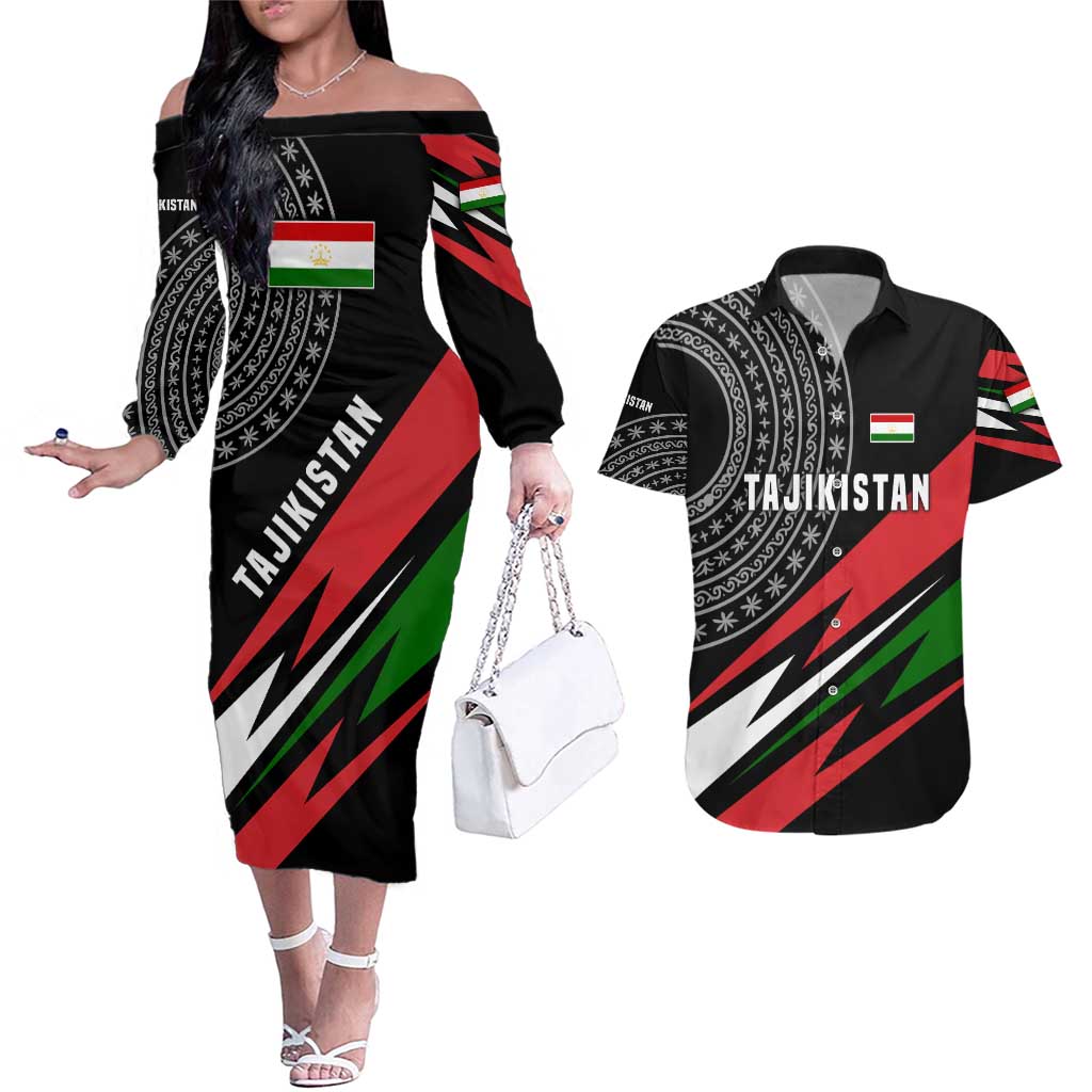 Tajikistan Marco Polo Sheep Couples Matching Off The Shoulder Long Sleeve Dress and Hawaiian Shirt with Black Red Green Tribal Flag Pattern