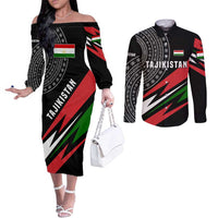 Tajikistan Marco Polo Sheep Couples Matching Off The Shoulder Long Sleeve Dress and Long Sleeve Button Shirt with Black Red Green Tribal Flag Pattern