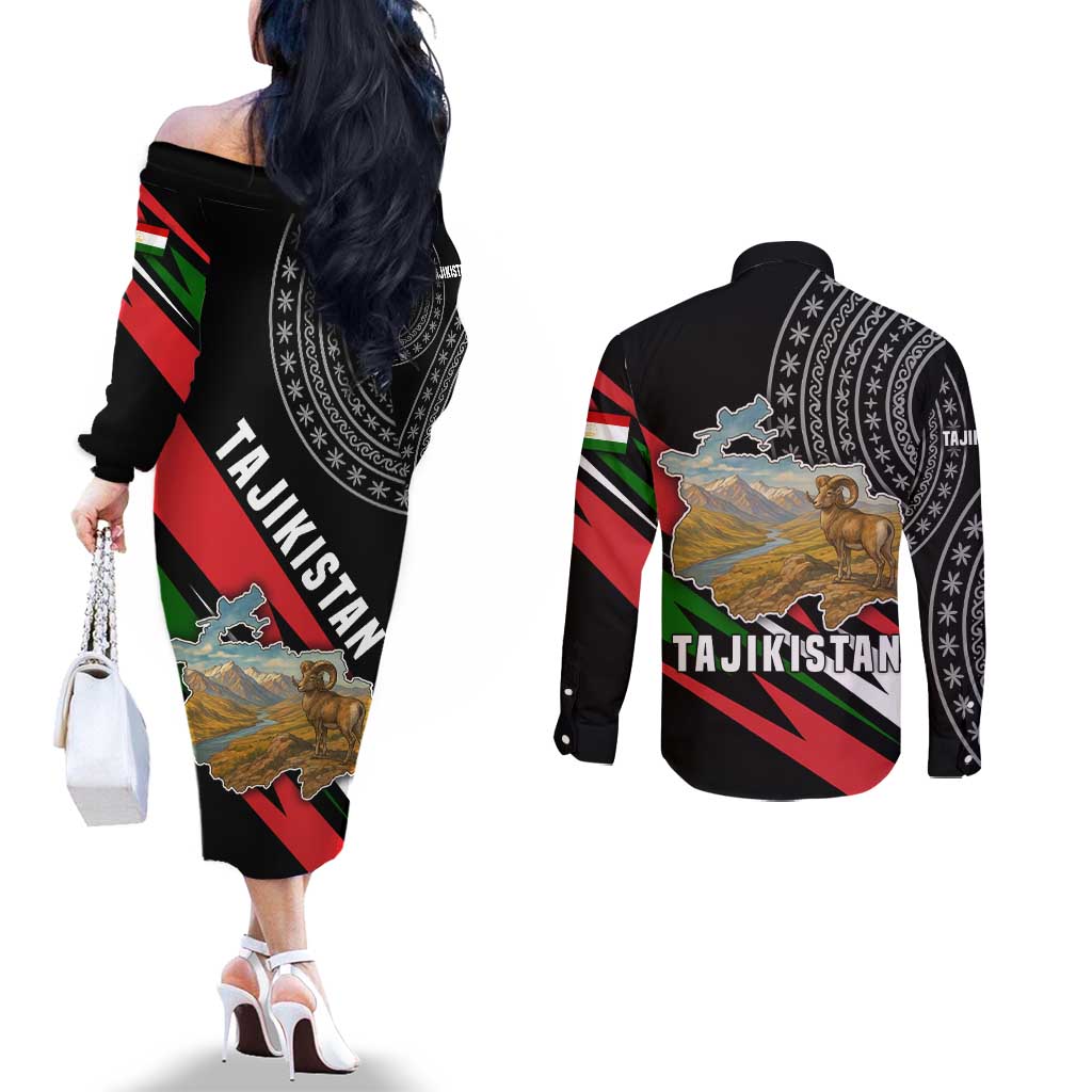 Tajikistan Marco Polo Sheep Couples Matching Off The Shoulder Long Sleeve Dress and Long Sleeve Button Shirt with Black Red Green Tribal Flag Pattern