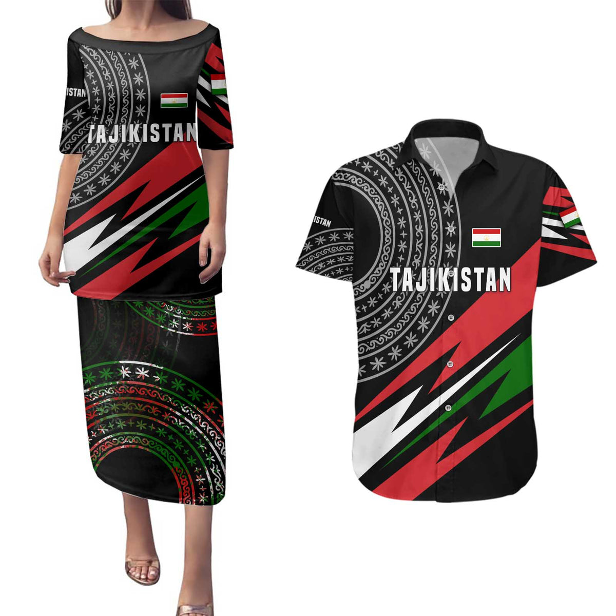Tajikistan Marco Polo Sheep Couples Matching Puletasi and Hawaiian Shirt with Black Red Green Tribal Flag Pattern