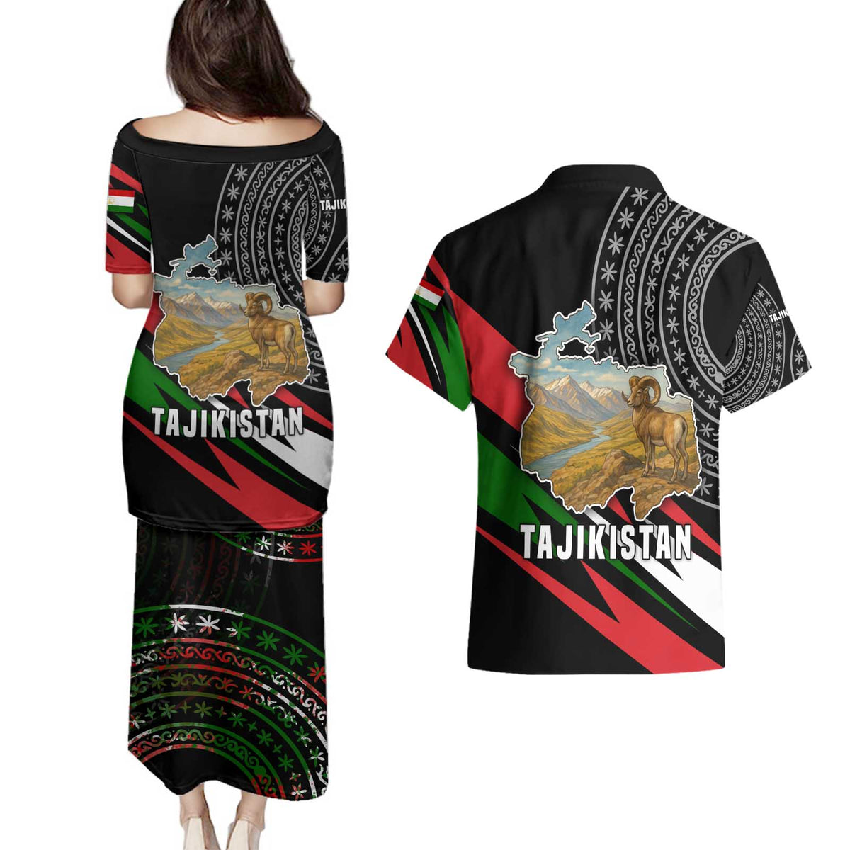 Tajikistan Marco Polo Sheep Couples Matching Puletasi and Hawaiian Shirt with Black Red Green Tribal Flag Pattern