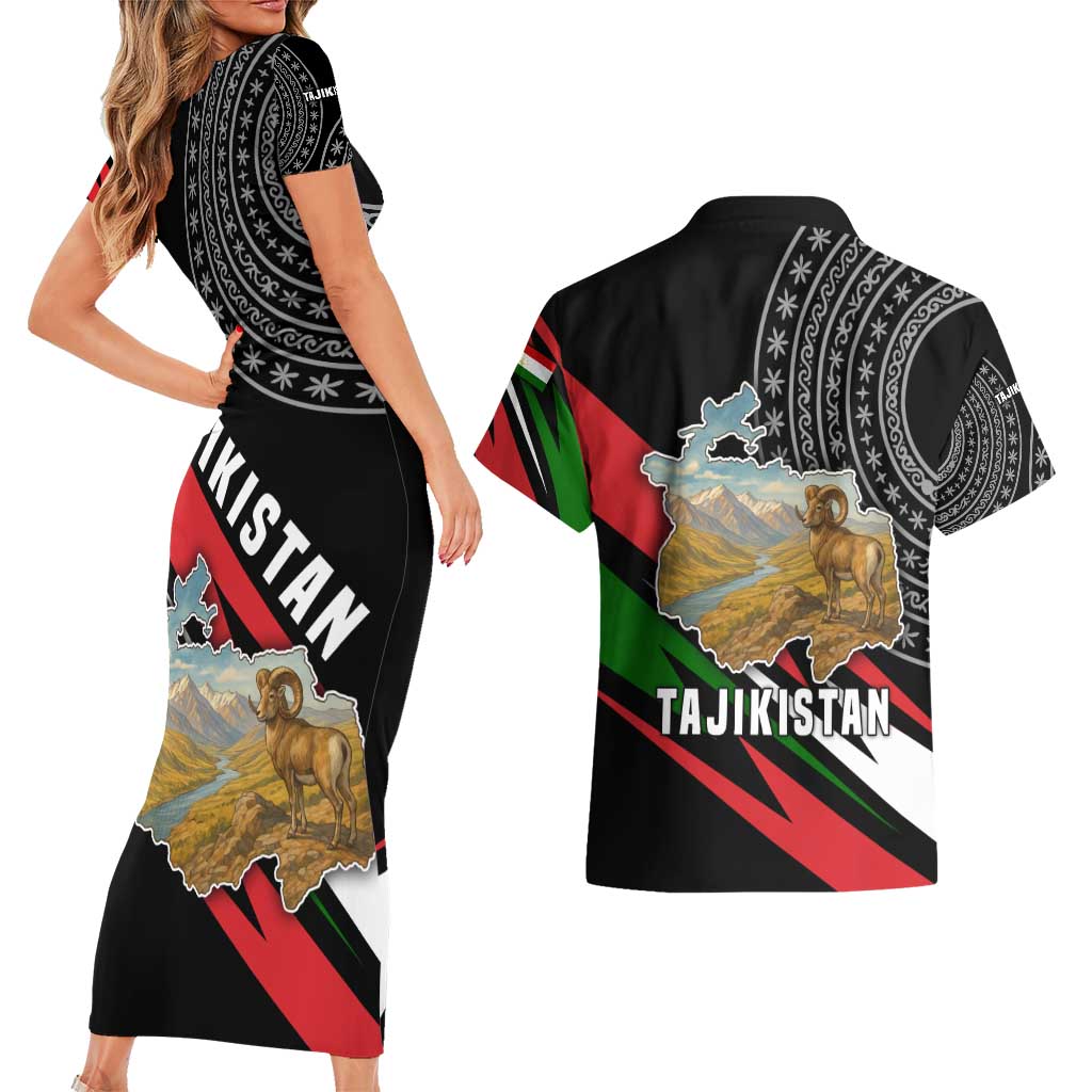 Tajikistan Marco Polo Sheep Couples Matching Short Sleeve Bodycon Dress and Hawaiian Shirt with Black Red Green Tribal Flag Pattern