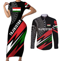 Tajikistan Marco Polo Sheep Couples Matching Short Sleeve Bodycon Dress and Long Sleeve Button Shirt with Black Red Green Tribal Flag Pattern