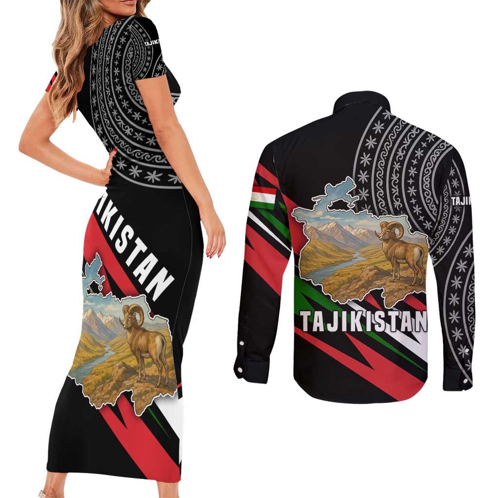 Tajikistan Marco Polo Sheep Couples Matching Short Sleeve Bodycon Dress and Long Sleeve Button Shirt with Black Red Green Tribal Flag Pattern