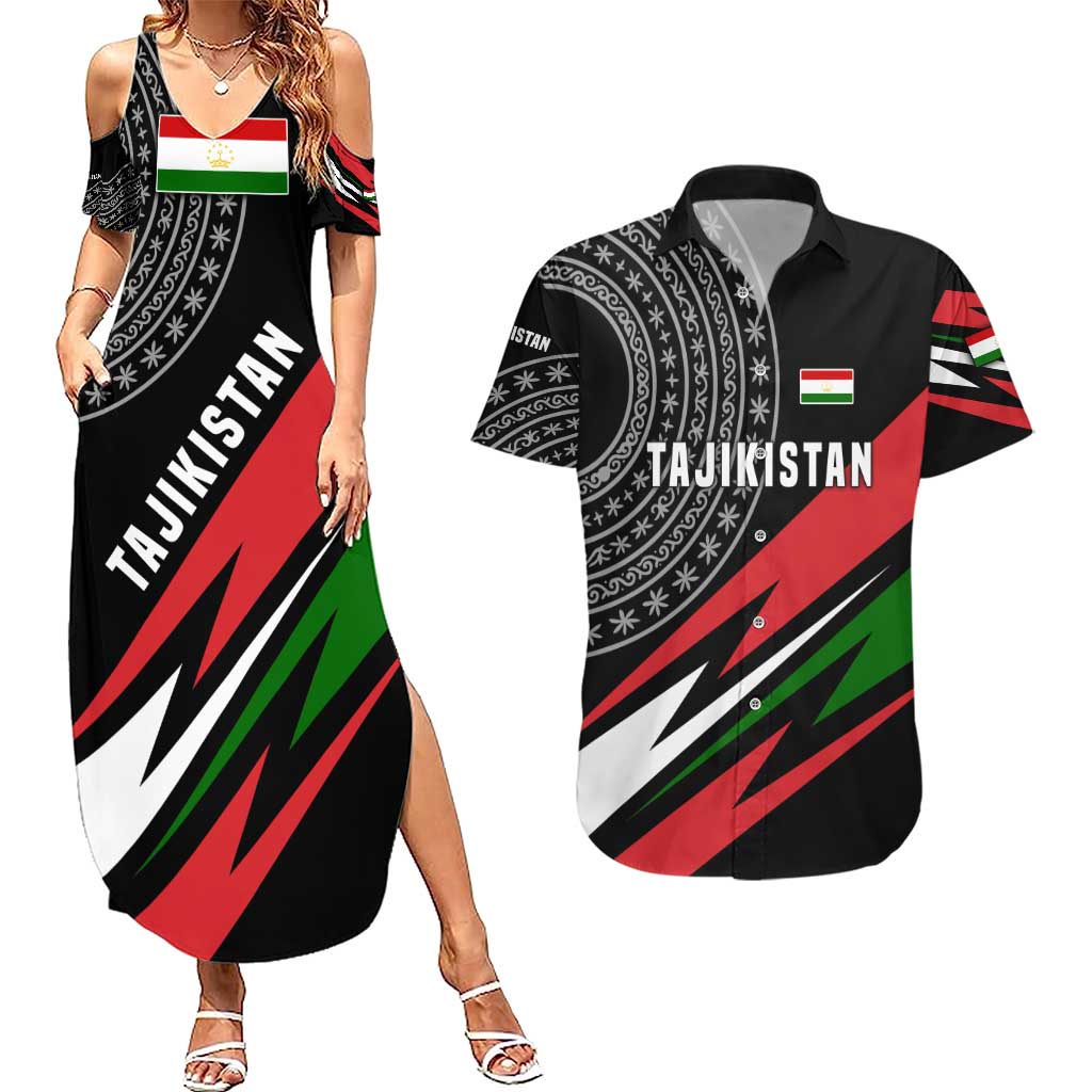 Tajikistan Marco Polo Sheep Couples Matching Summer Maxi Dress and Hawaiian Shirt with Black Red Green Tribal Flag Pattern