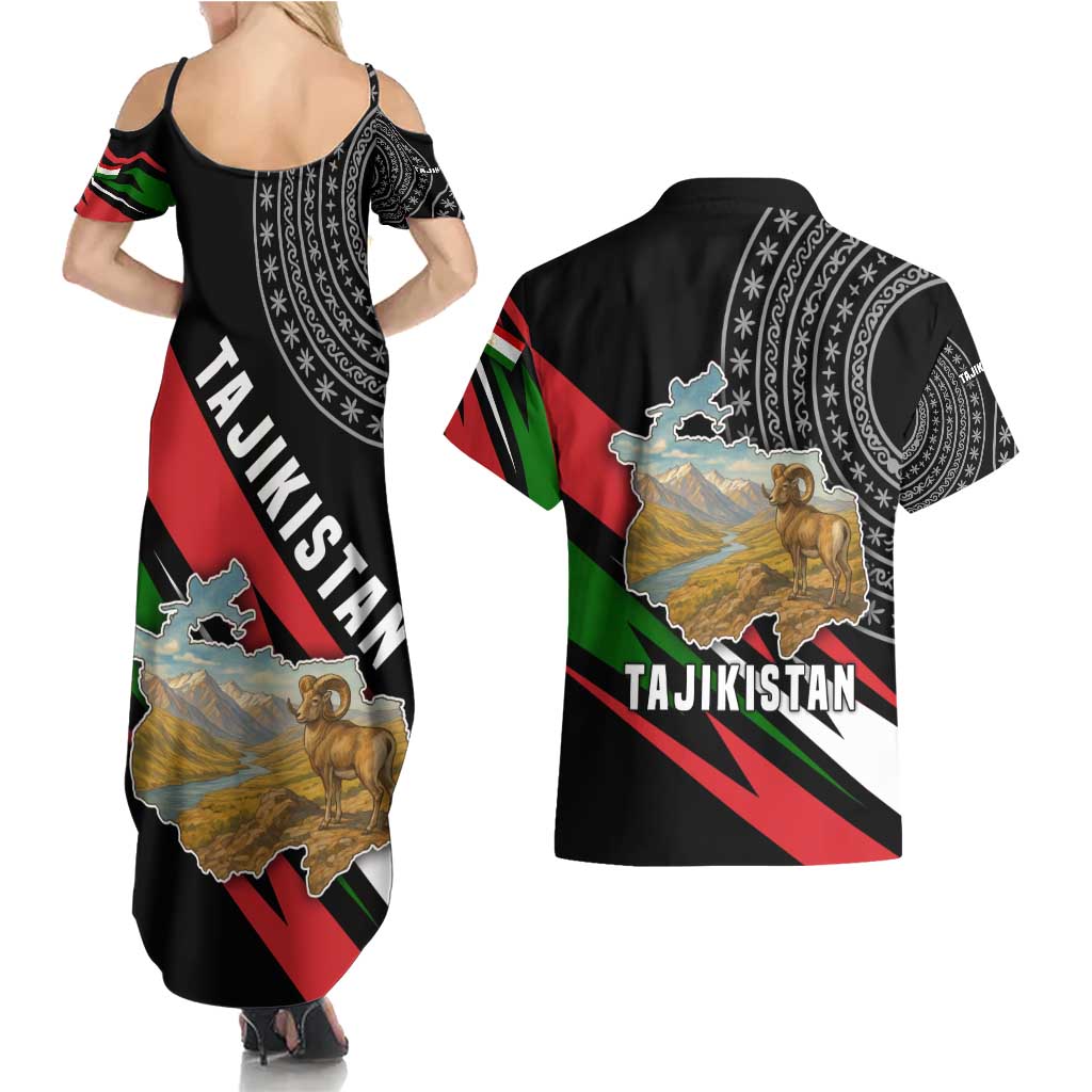Tajikistan Marco Polo Sheep Couples Matching Summer Maxi Dress and Hawaiian Shirt with Black Red Green Tribal Flag Pattern