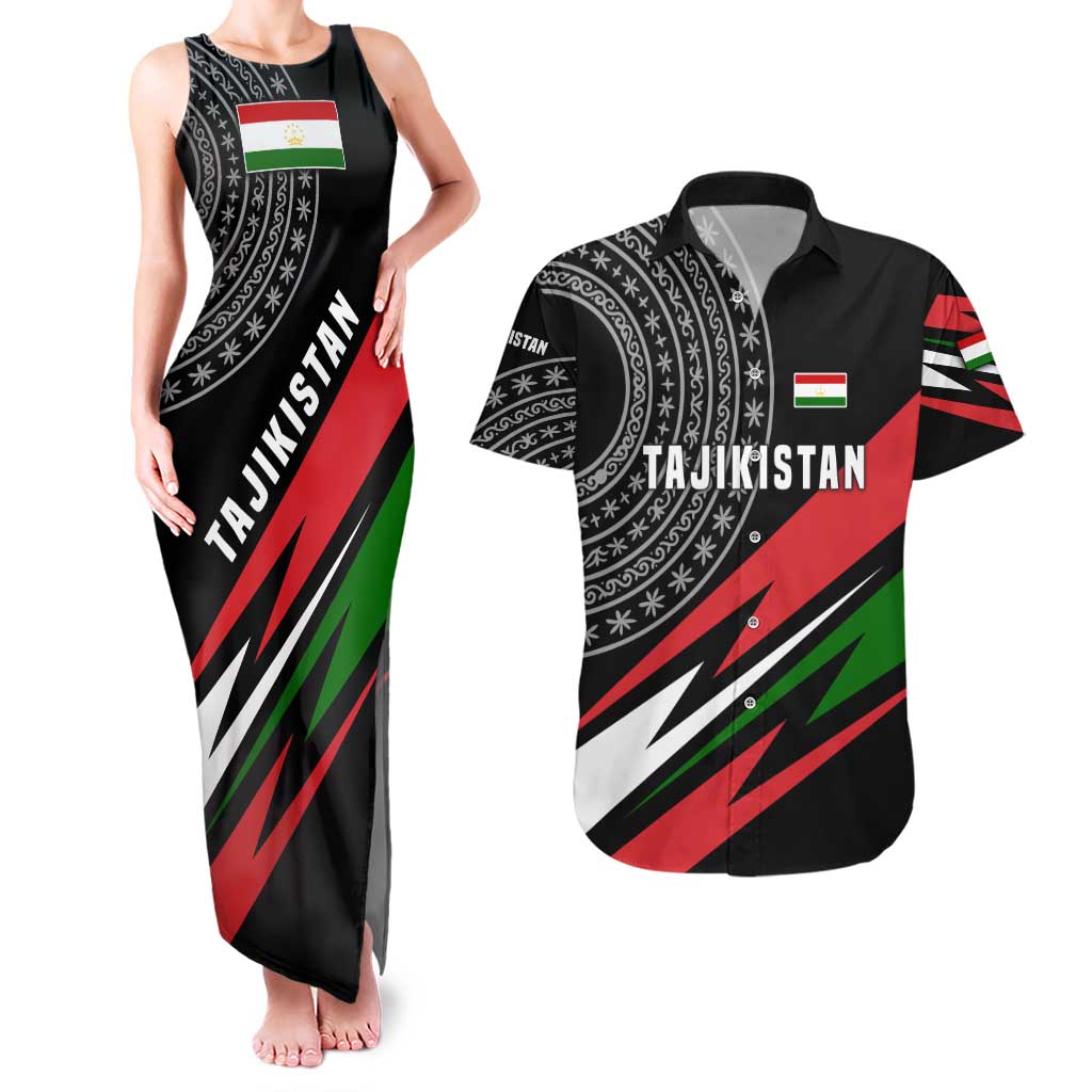 Tajikistan Marco Polo Sheep Couples Matching Tank Maxi Dress and Hawaiian Shirt with Black Red Green Tribal Flag Pattern