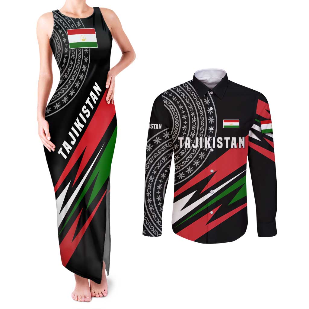 Tajikistan Marco Polo Sheep Couples Matching Tank Maxi Dress and Long Sleeve Button Shirt with Black Red Green Tribal Flag Pattern