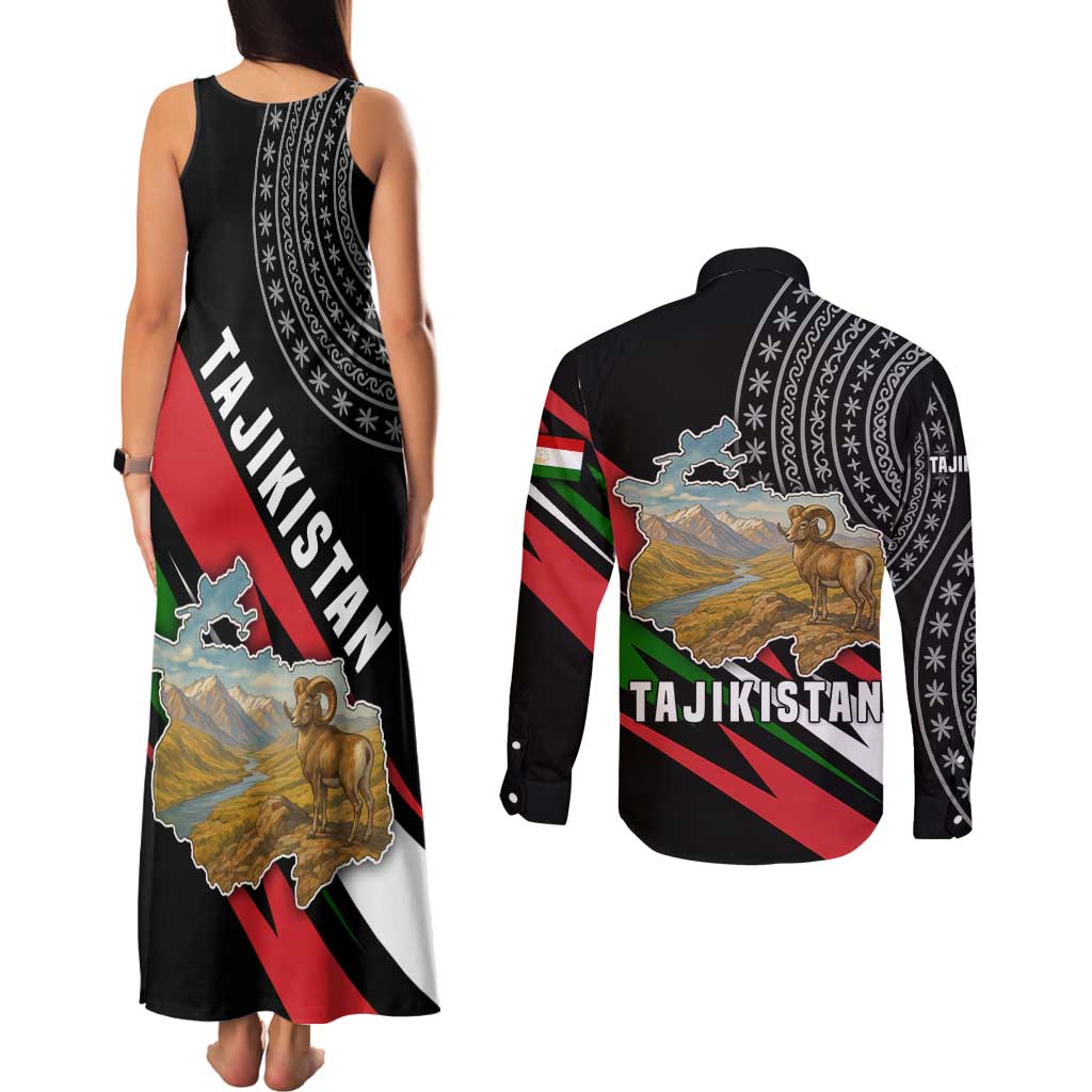 Tajikistan Marco Polo Sheep Couples Matching Tank Maxi Dress and Long Sleeve Button Shirt with Black Red Green Tribal Flag Pattern
