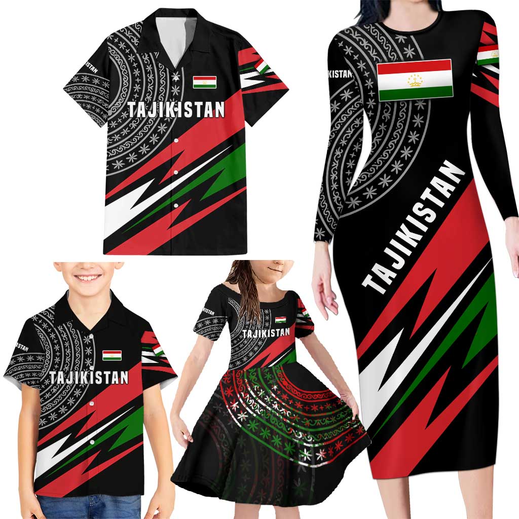 Tajikistan Marco Polo Sheep Family Matching Long Sleeve Bodycon Dress and Hawaiian Shirt with Black Red Green Tribal Flag Pattern