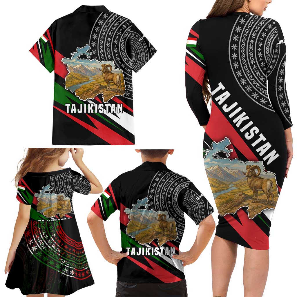Tajikistan Marco Polo Sheep Family Matching Long Sleeve Bodycon Dress and Hawaiian Shirt with Black Red Green Tribal Flag Pattern