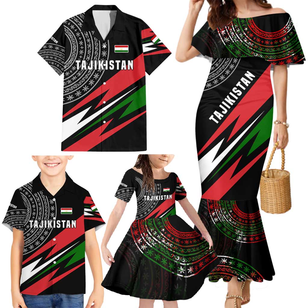 Tajikistan Marco Polo Sheep Family Matching Mermaid Dress and Hawaiian Shirt with Black Red Green Tribal Flag Pattern